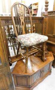 Various oak Old Charm style and other furniture, a standard lamp, hoop back chair, overmantel...