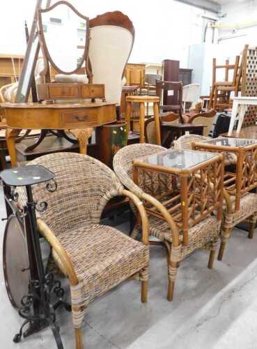 Various furniture, three wicker chairs, similar side table, walnut serpentine table with frieze...