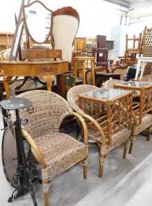 Various furniture, three wicker chairs, similar side table, walnut serpentine table with frieze...