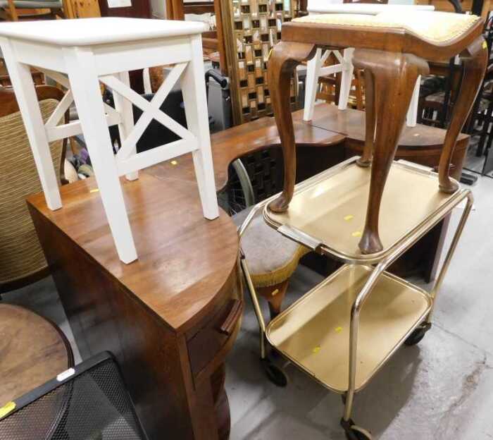 Various furniture, dressing table, walnut stool, two tier dinner wagon, pair of painted stools....