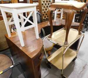 Various furniture, dressing table, walnut stool, two tier dinner wagon, pair of painted stools....