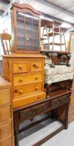 Various furniture, small pine chest of two short and two long drawers, hanging display cabinet,...