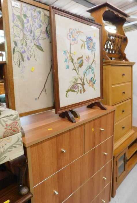 Various furniture, two embroidered oak framed fire screens, newspaper rack, retro teak finish...