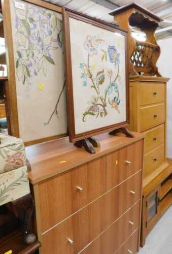 Various furniture, two embroidered oak framed fire screens, newspaper rack, retro teak finish...
