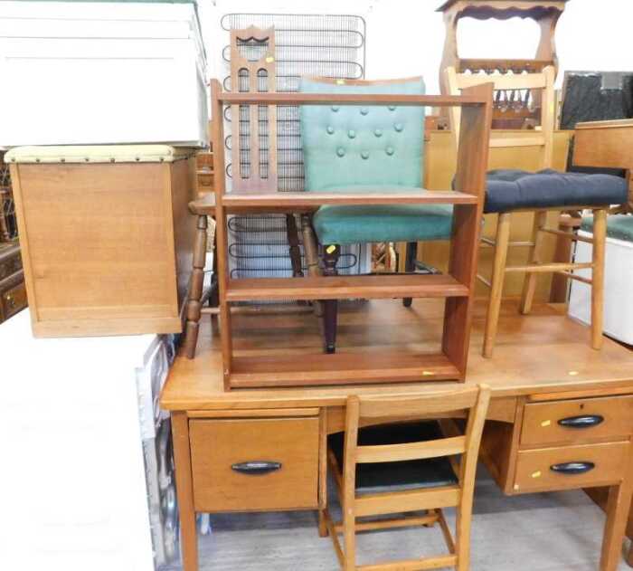 Various furniture, blanket box, leather topped oak blanket box, hanging shelves, occasional...