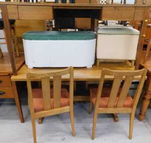 Various furniture, a leather topped desk, Lloyd Loom style D end towel box, further Lloyd Loom...