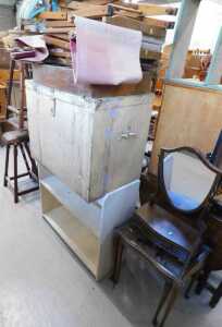 Various furniture, two Edwardian dining chairs, leatherette topped chrome plated stools, various...