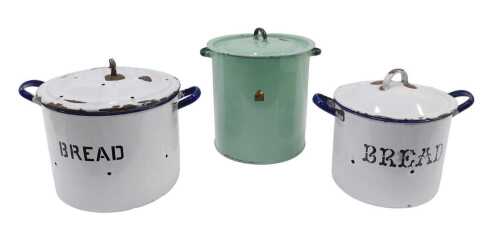 Various early 20thC enamel, a bread bin in white with black lettering and removable lid of...