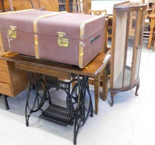 Various furniture and effects, wooden bound pressed leather travel case, small drop leaf D end...