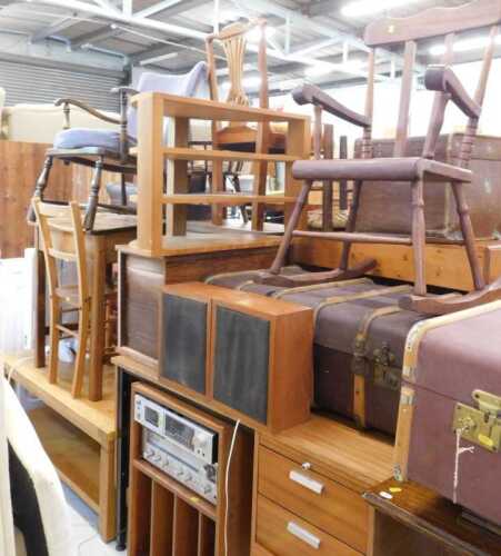 Various furniture, child's desk with section for ink bottle, with associated chair, low oak...