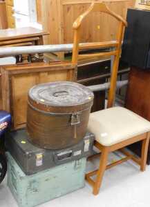 A group of furniture to include a valet chair, a metal hat box, a British 1950s ammunition metal...