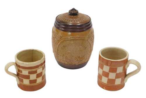 Various pottery and effects, a 19thC Mocha mug, in brown and white lattice pattern, 8cm high,...