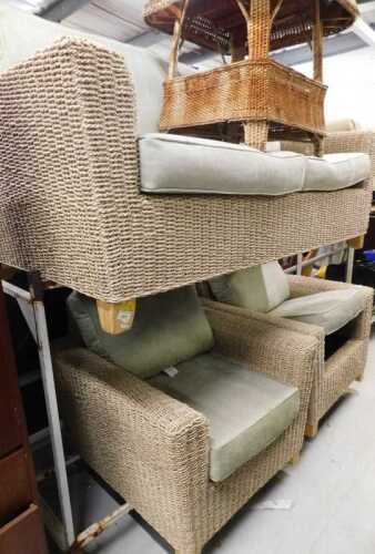 A high quality three piece conservatory suite, in rope design, comprising two seat sofa and two...