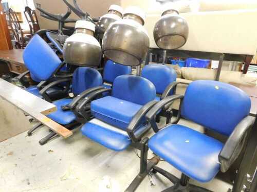 Eight blue office style chairs and various vintage floor standing hairdryers. (AF)