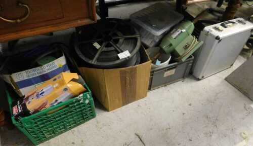 A collection of tools, to include wood planes, spray gun, hand drill, etc. (4 boxes)
