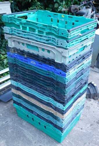 Various stacking crates, to include various colours, green, etc.