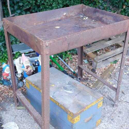 An iron planting table, and a pine tool chest. (2)