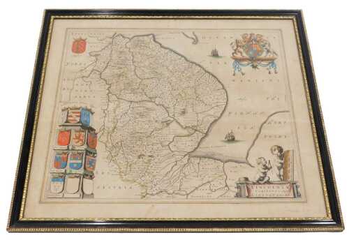 After Blaeu. 17thC county map of Lincolnshire, later coloured, 48cm x 50cm.