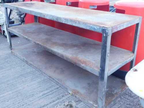 A heavy duty metal three tier gardener's planting table.