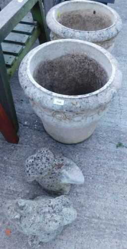 Various garden planters, etc., two concrete garden planters with rose borders, etc., squirrel...