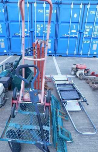 Various metalware, sack barrow, other metalware, folding ladders, metal trolley with adjustable...