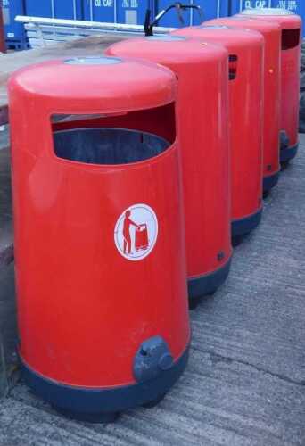 Five various municipal plastic dome topped dustbins, of cylindrical form, with removable tops.