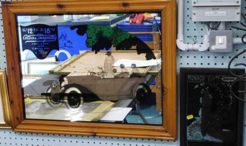 A reproduction glass French car advertising mirror, in pine frame, Lyon Cannes CBC, 46cm x 44cm,...