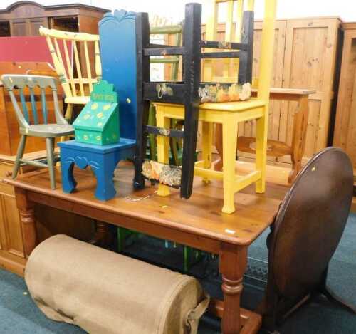 Various 20thC painted and other furniture, a ladderback chair, in black with floral and...