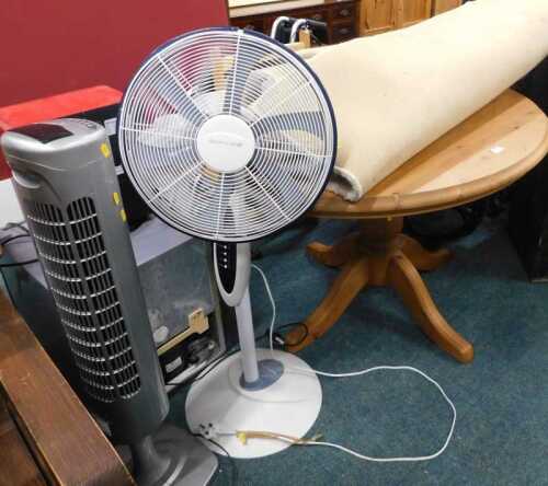 Various electrical items and furniture, Dimplex and other fans, tabletop fridge, etc., pine...