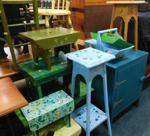 Various furniture and effects, folio stand, wheelchair, painted furniture, plant stand, piecrust...