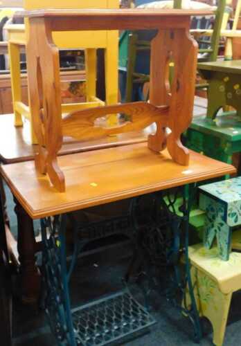 A treadle sewing machine stand, later painted green, folding table, and a pine occasional table.
