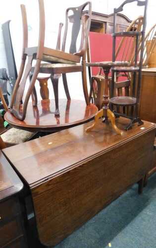 Various furniture, oak drop leaf table, three tier cake stand, walnut tripod table.