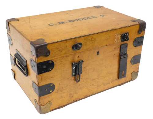 A 20thC tool or travel box, of rectangular form, marked C M Ruddle P, part metal bound, with...