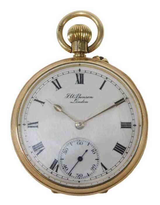 An Edward VIII JW Benson of London 9ct gold pocket watch, with white enamel Roman numeric dial,...