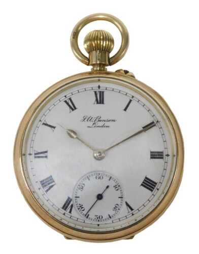 An Edward VIII JW Benson of London 9ct gold pocket watch, with white enamel Roman numeric dial,...