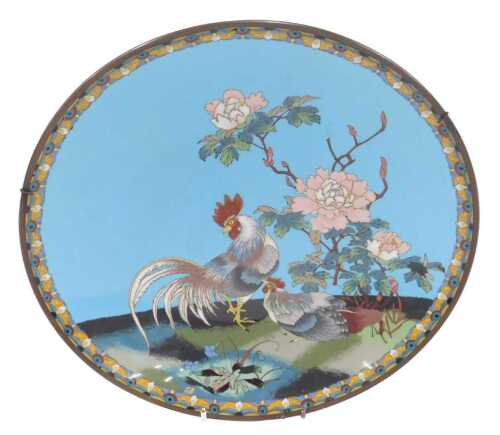 A 19thC Japanese Meiji period cloisonne enamel charger, with cockerel and flowers, with a floral...