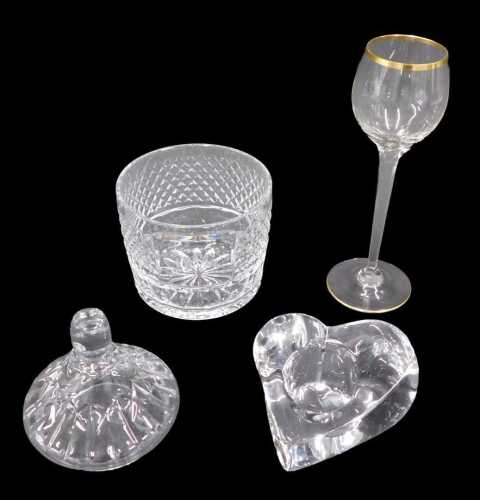 Various glassware, on Orrefors heart-shaped candle stand, in plain glass, marked beneath, 12cm...