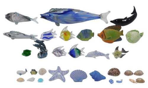 Various glassware, mid-20thC glass fish, other pottery fishes, pottery sea life, etc., large...