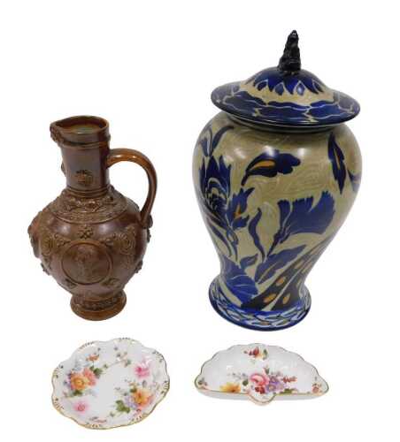 Various pottery, two Royal Crown Derby Posies pattern pin dishes, and a commemorative stoneware...