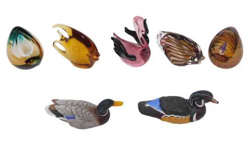 Various glassware, a Murano V Nason & Co fish, in amber coloured glass, with label, 12cm high,...