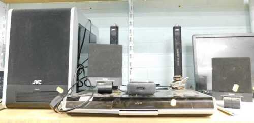 A JVC network media system, to include a CA-DD3 DVD player, together with various speakers.
