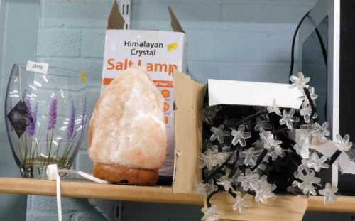 A Himalayan salt crystal lamp, 3.5kg, together with a Nobile Glass and Gift Works glass vase,...