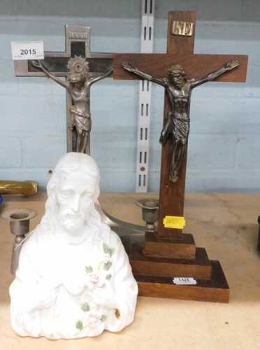 Religious items, consisting of a ceramic bust of Christ, a wooden cross with metal body of...