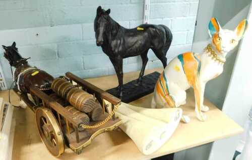 Decorative ceramics, to include a multicoloured statue of a Siamese cat, 36cm high, a horse,...