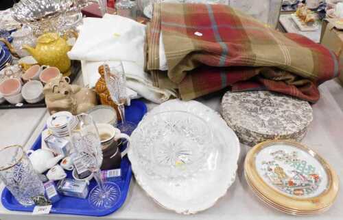 Various glassware, curtains, etc., Wade pottery dog money box, a further Lindisfarne mead monk...