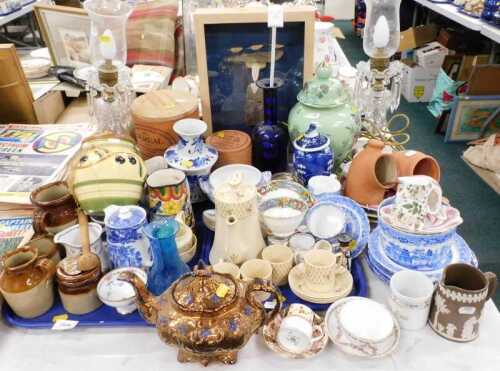 Various pottery, porcelain and effects, cased modern diorama, cereal jars, transfer printed jars,...