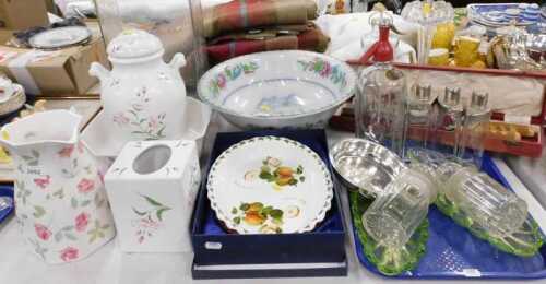 Various chrome plated ware, pottery and effects, a large vase, travel jars, transfer printed...