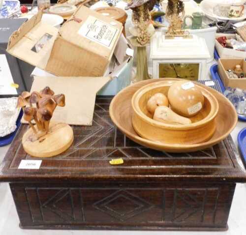 Various treen, etc., bowls, pottery ornaments, mantel clocks to include Canterbury mantel clock,...