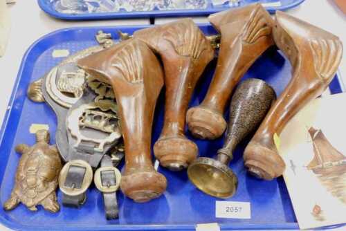 Various metalware, brassware, collectable items, etc., four squat cabriole furniture legs,...
