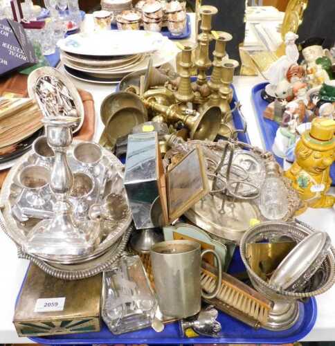 Various brassware, silver plated ware, metalware, etc., egg set, other early 20thC Old Sheffield...